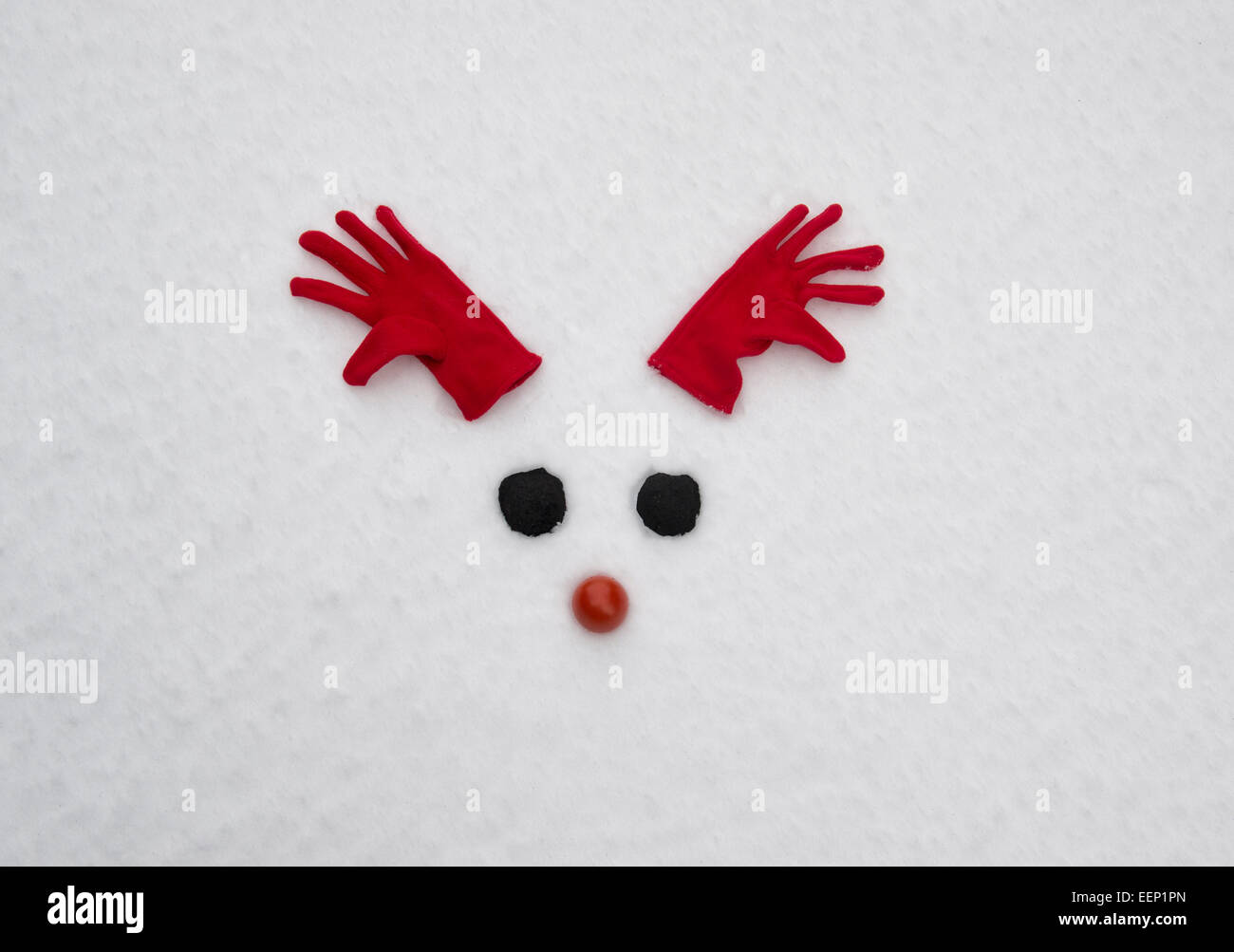 Rudolf Rentier Gesicht rote Nase im Schnee Stockfoto