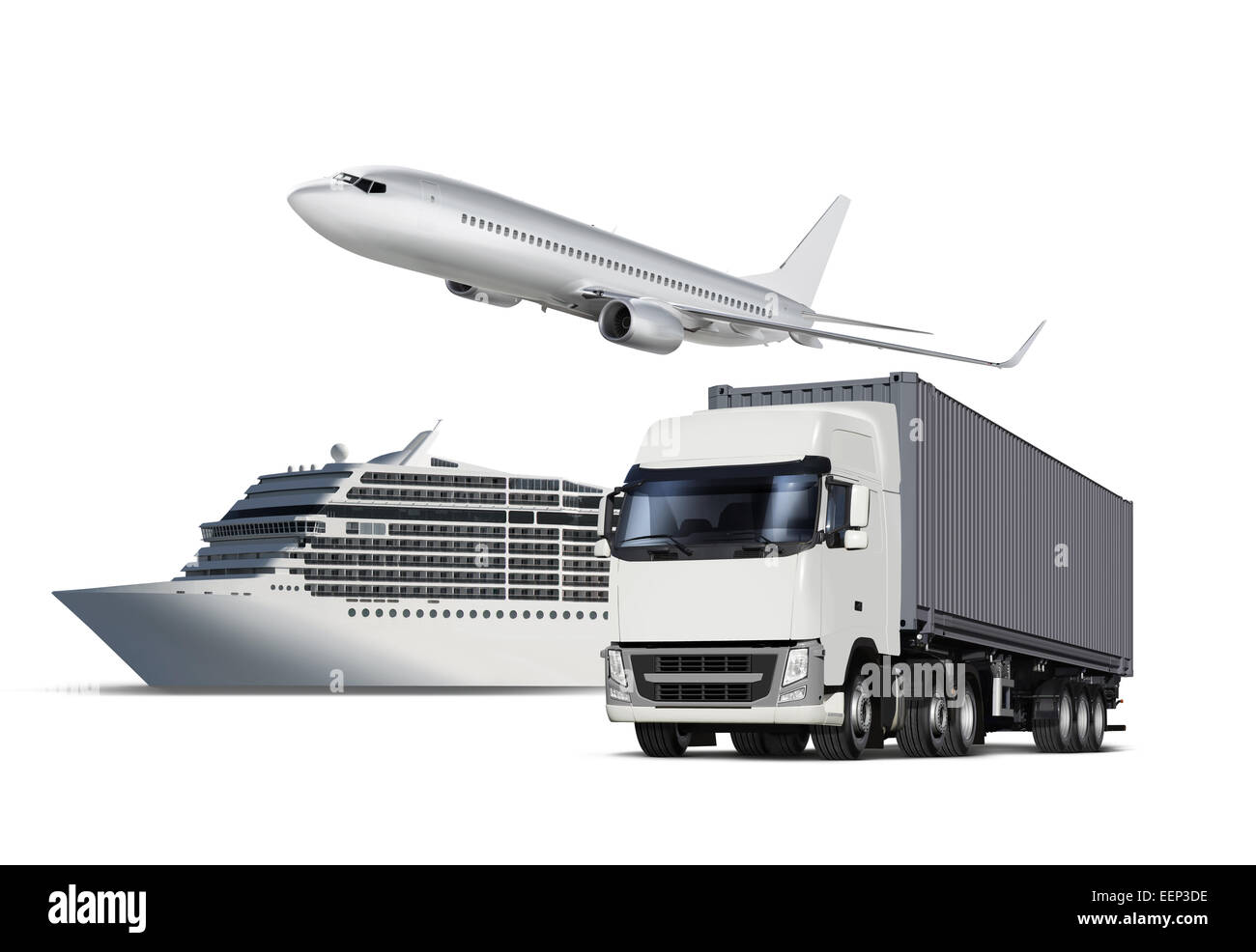 Collage aus dem Flugzeug, Schiff und LKW isoliert auf weiss Stockfoto