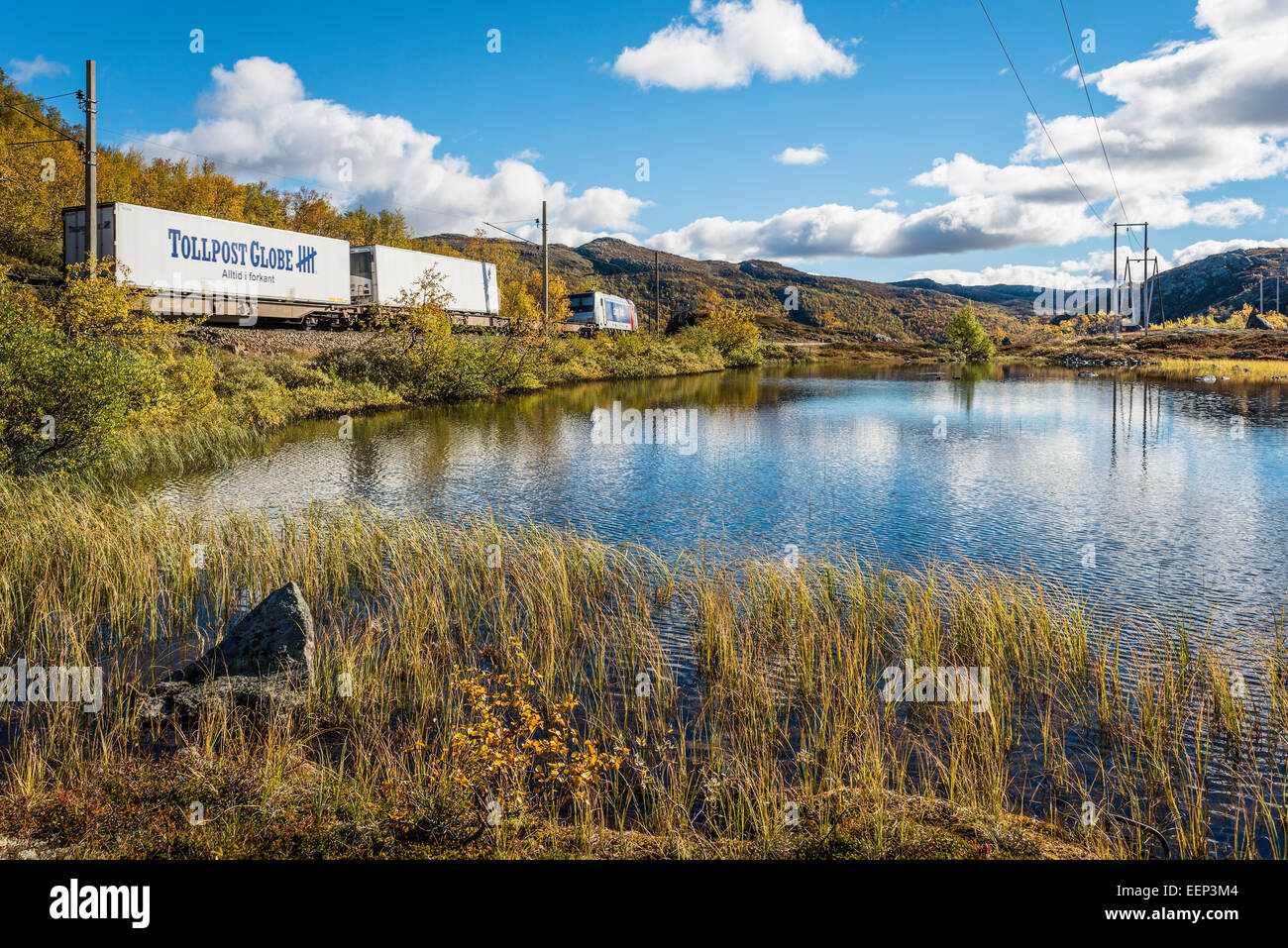 Güterzug auf der Bergen in Oslo Bahnhof, Stromleitung, an Vesle Tangevatnet, westlich von Haugastøl, Norwegen Stockfoto