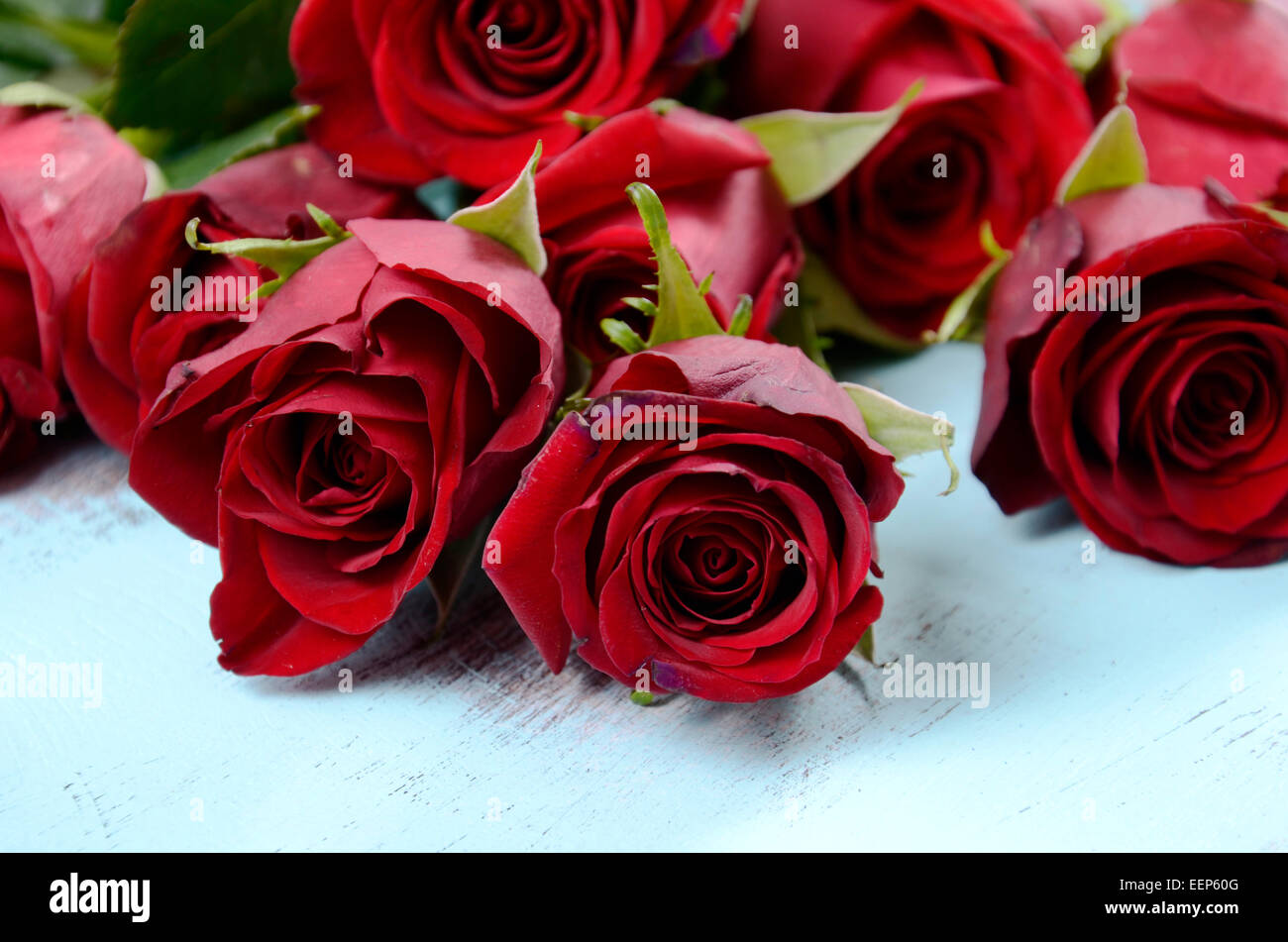 Vintage rote Rosen Geschenk für Valentinstag, Geburtstag oder besonderen Anlass auf blasse Aquablau recycelt notleidenden Holz Hintergrund, c Stockfoto