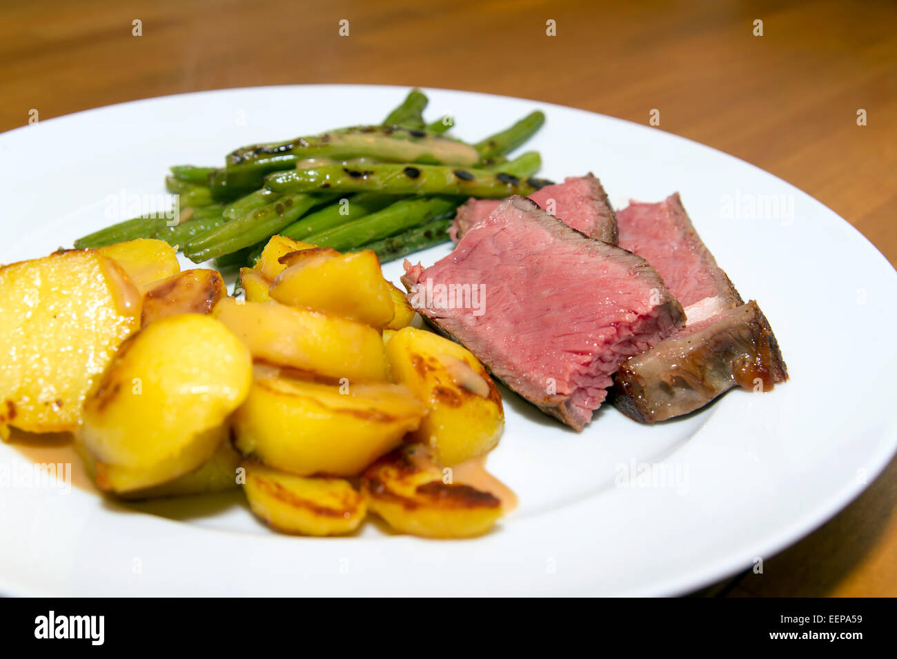 Roastbeef / Steak mit Bratkartoffeln und Bohnen Stockfotografie - Alamy