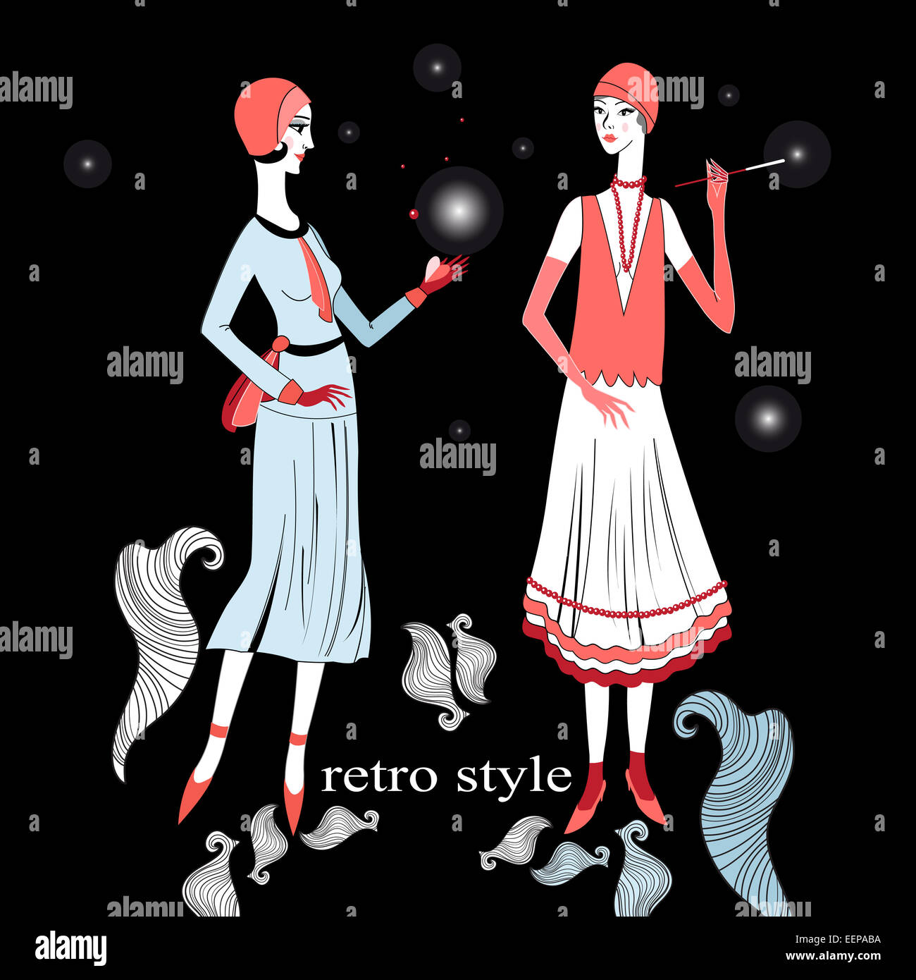 schöne Grafik retro Mädchen auf einem schwarzen Hintergrund Stockfoto