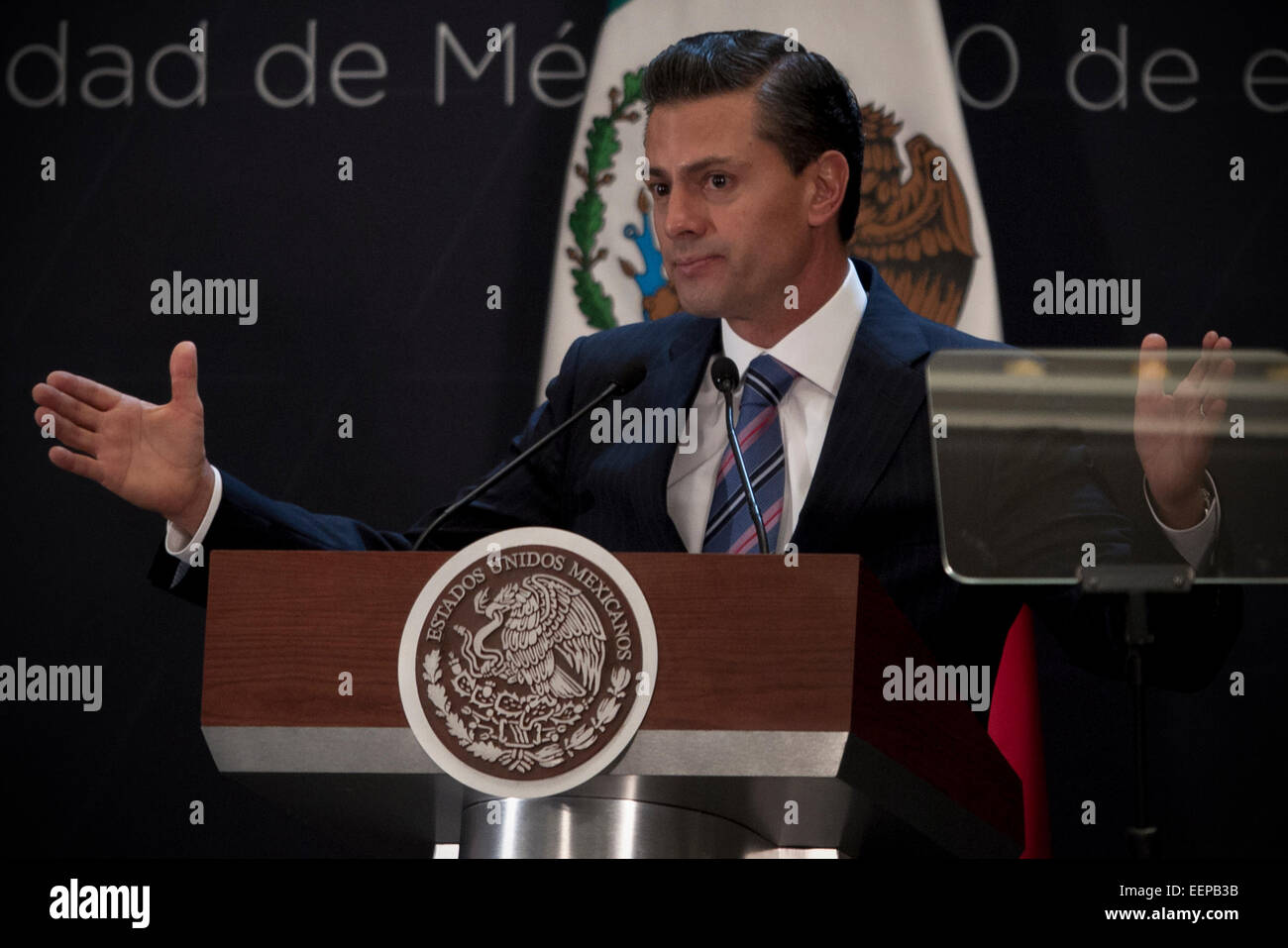 Mexico City, Mexiko. 20. Januar 2015. Mexikos Präsident Enrique Pena Nieto hält eine Rede bei der Einweihung des nationalen Forums für Equity im Prozess Verbrecher in Mexiko-Stadt, Hauptstadt von Mexiko, am 20. Januar 2015. Bildnachweis: Alejandro Ayala/Xinhua/Alamy Live-Nachrichten Stockfoto