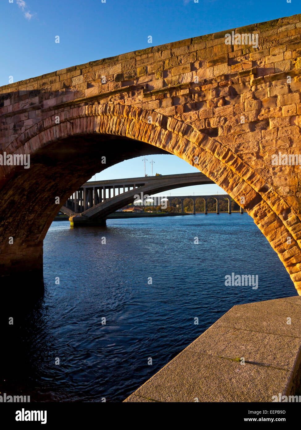 Die alte Brücke, die Royal Tweed-Brücke und die Royal Border Brücke über dem Fluss Tweed in Berwick nach Tweed Northumberland UK Stockfoto