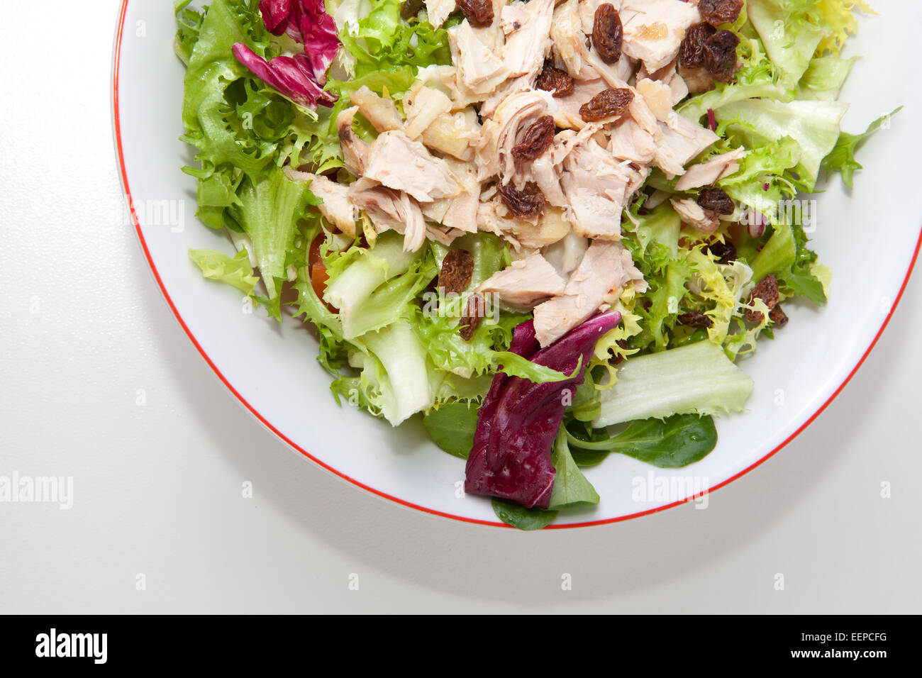 Hähnchen-Salat mit Tomaten und Rosinen in eine Schüssel weiß. Isoliert auf weißem Hintergrund Stockfoto