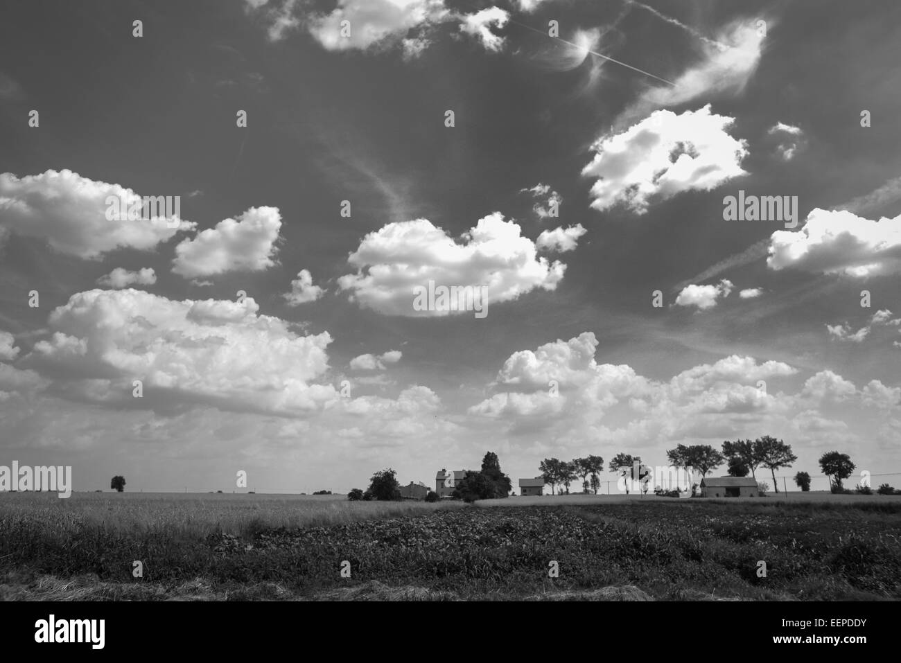 Ländlichen Gebieten und Bauernhof an einem sonnigen Tag mit Wolken und Himmel. Polnische Landschaft. Stockfoto