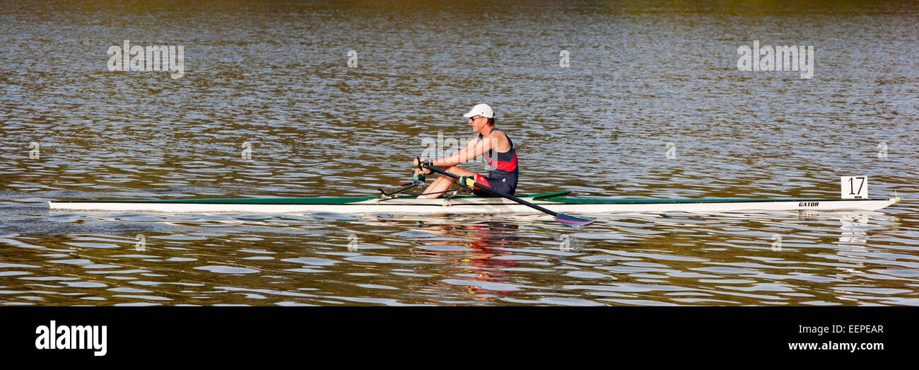 Ein Mann auf ein Rudern Scull an einem Fluss. Stockfoto