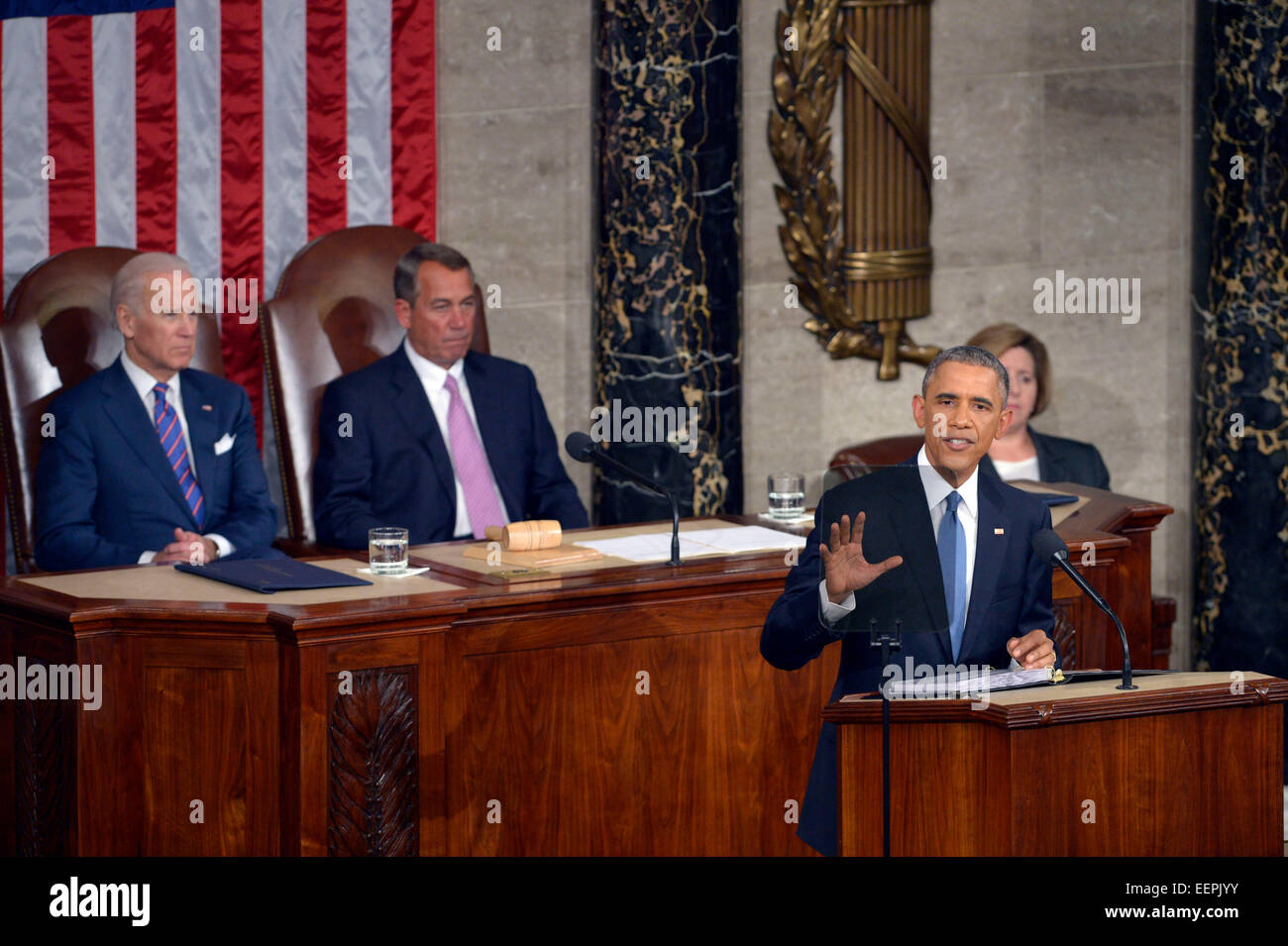 Washington, DC, USA. 20. Januar 2015. US-Präsident Barack Obama liefert die Rede zur Lage der Union zu einer gemeinsamen Sitzung des Kongresses auf dem Capitol Hill in Washington, DC, USA, 20. Januar 2015. Bildnachweis: Yin Bogu/Xinhua/Alamy Live-Nachrichten Stockfoto