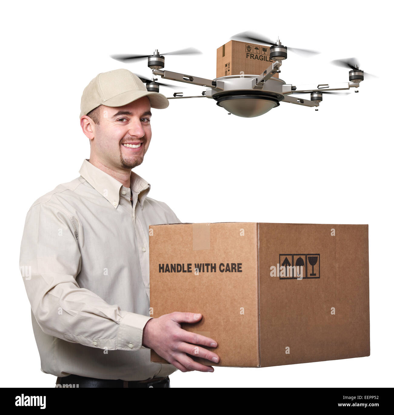 Bote und Drohne isoliert auf weiss Stockfoto