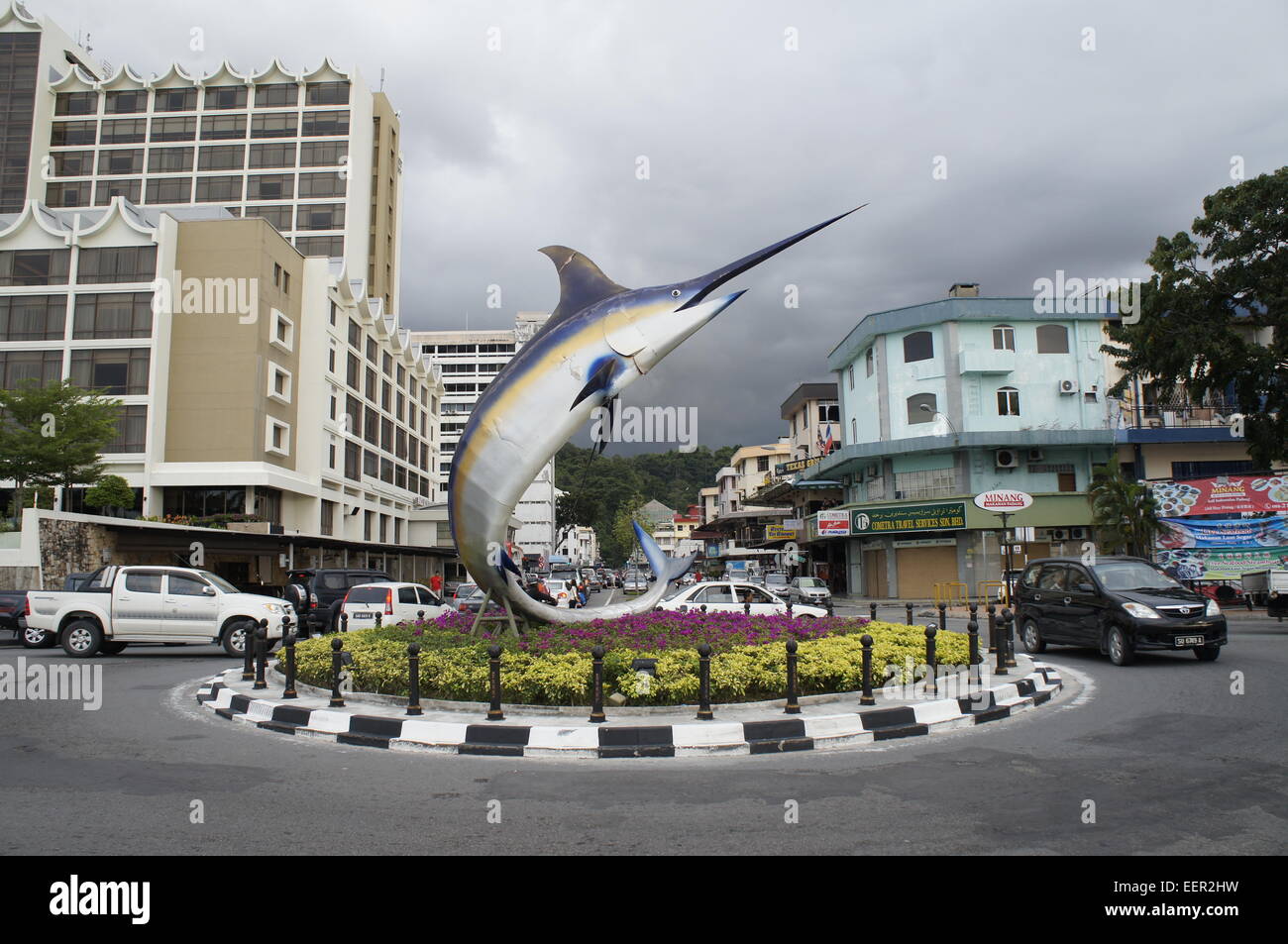 Schwertfisch-Statue zum Gedenken an Status einer Stadt Kota Kinabalu Stockfoto
