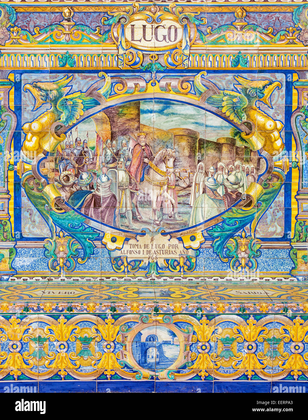 Sevilla, Spanien - 28. Oktober 2014: The Lugo als einem gefliesten "Provinz-Nischen" entlang der Wände von der Plaza de Espana Stockfoto