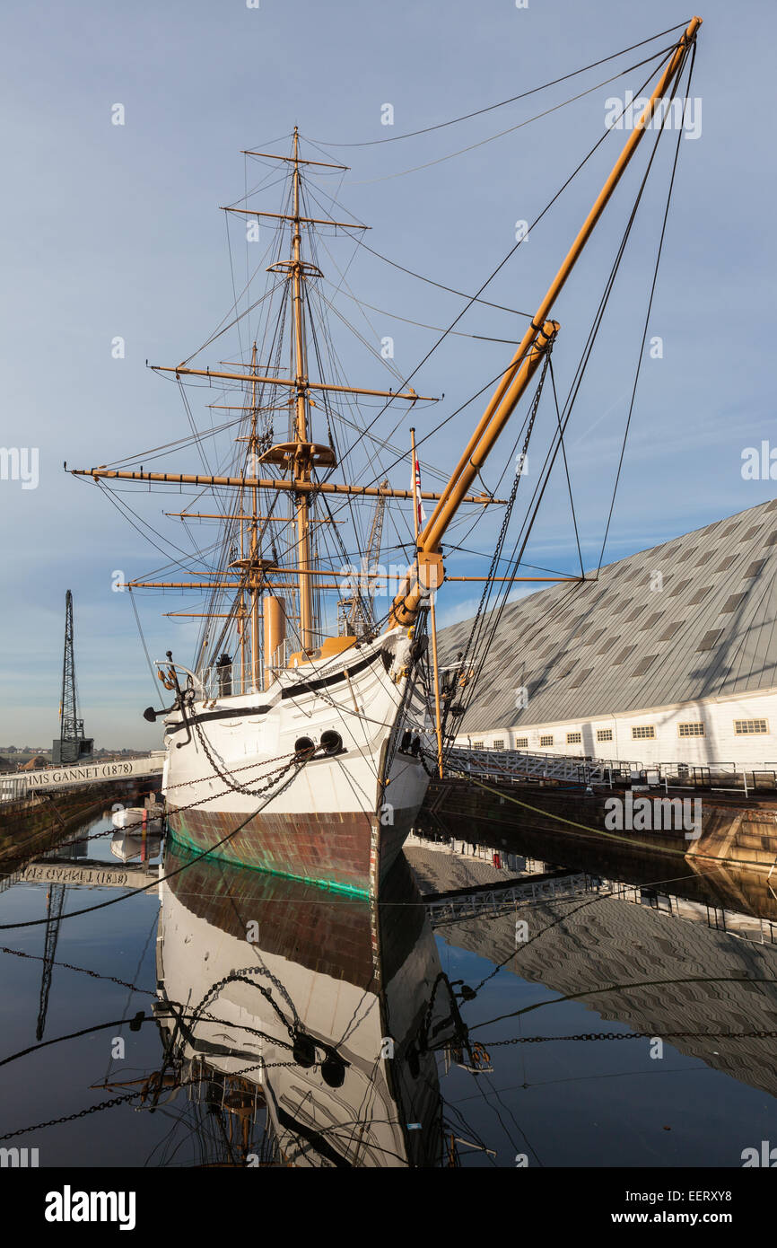 HMS Gannet bei Chatham Historic Dockyard Stockfoto