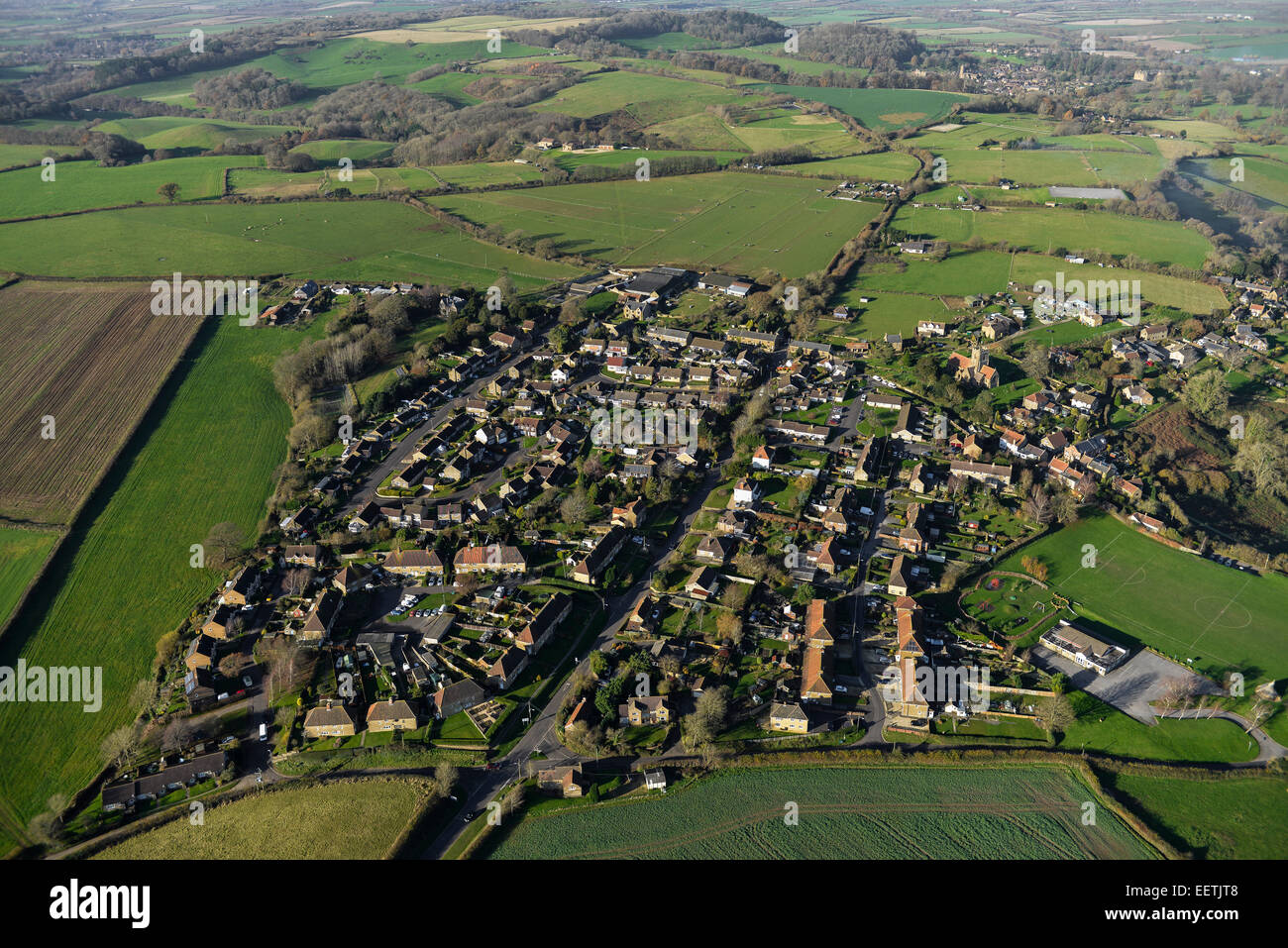 Eine Luftaufnahme des South Somerset Dorf von Odcombe und umliegende farmland Stockfoto