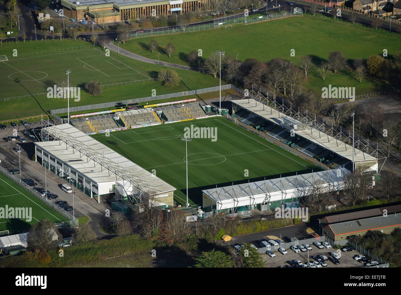 Eine Luftaufnahme des Huish Park, die Heimat des Yeovil Town FC, auch bekannt als "The Glovers" Stockfoto