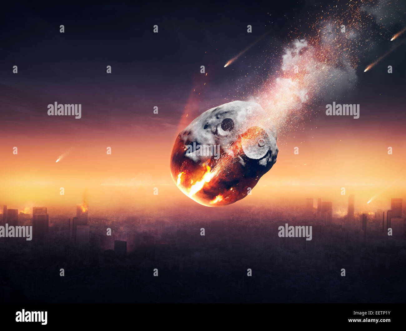 Stadt auf der Erde zerstört durch Meteorschauer - 3D Grafik-konzeptionelle globale Katastrophe Stockfoto