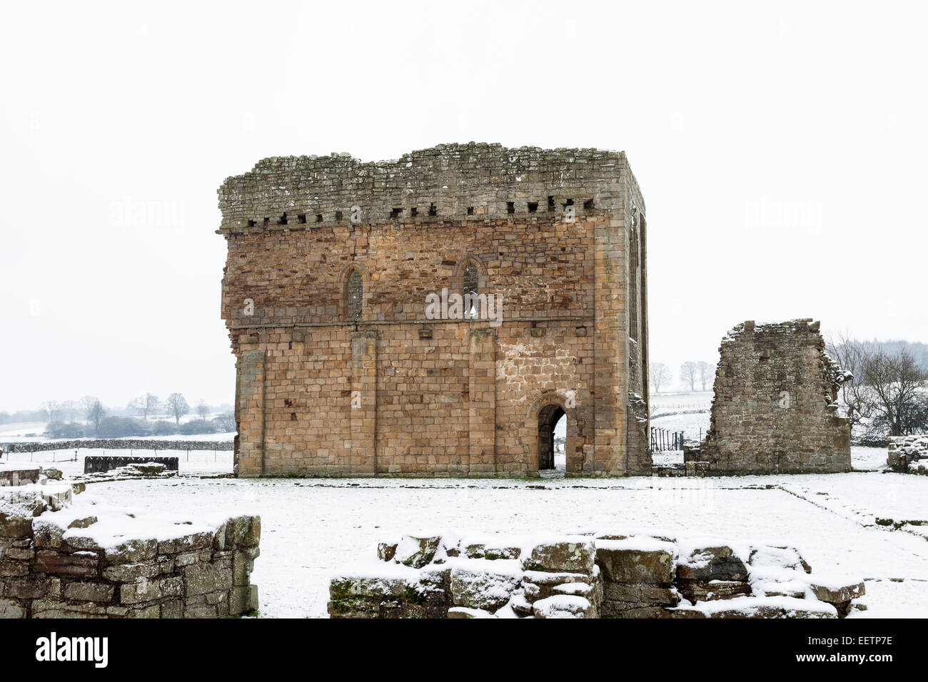 Die Überreste von Egglestone Abtei in der Nähe von Barnard Castle im Winter Teesdale County Durham UK Stockfoto