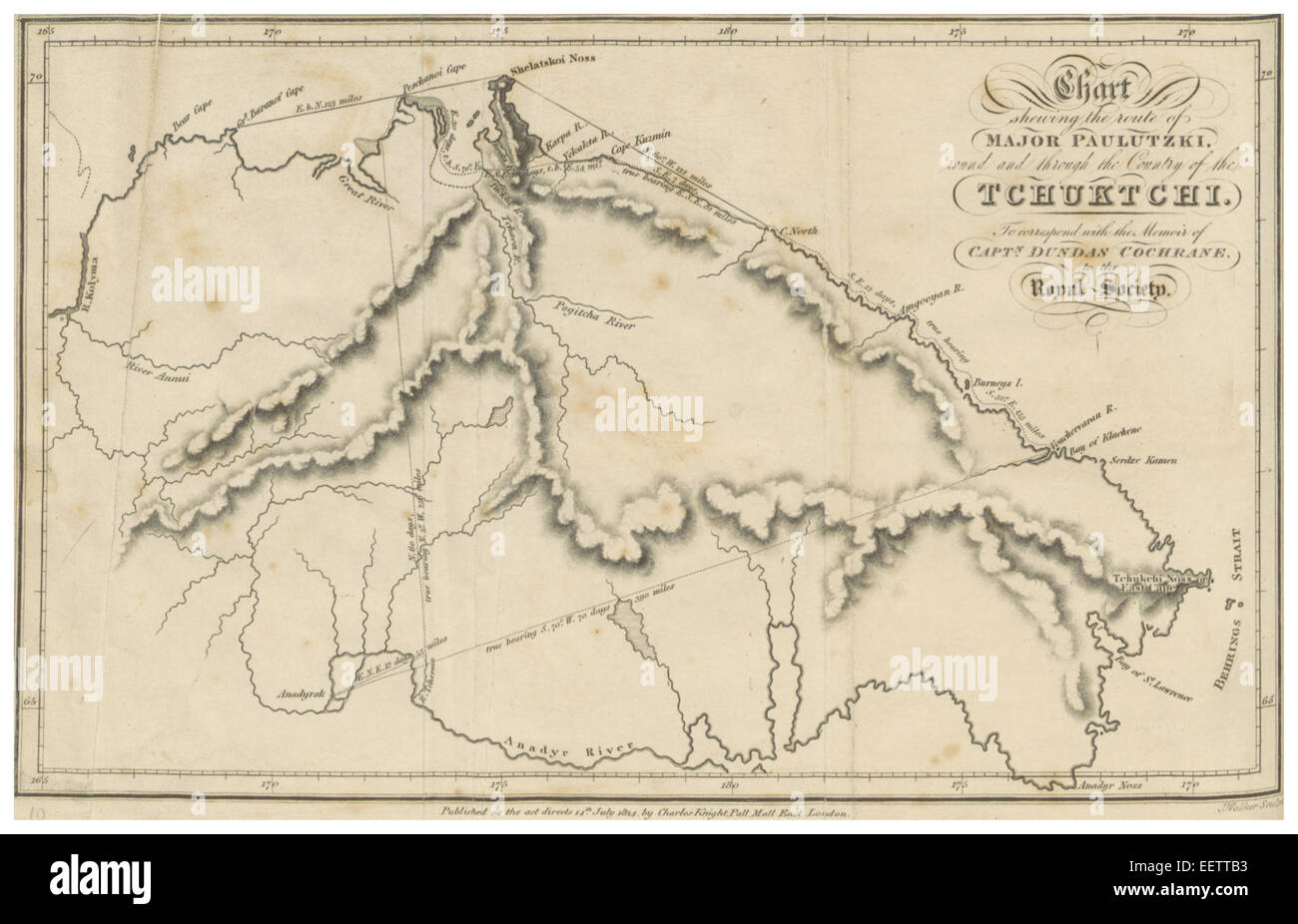 Illustration aus COCHRANE (1825), Seite 1,040, eine Karte der Tschuktchi-Region mit geographischen Merkmalen und historischen Grenzen. Stockfoto