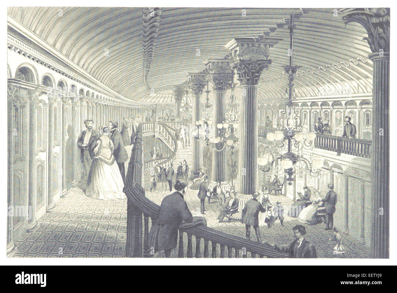 Diese Illustration von Lossing aus dem Jahr 1876 zeigt das Innere des Dampfschiffes Drew und zeigt das Design und die Anordnung des Passagierbereichs auf einem Dampfschiff aus dem 19. Jahrhundert. Stockfoto