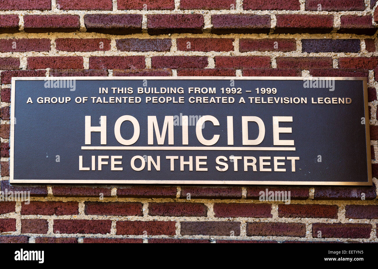 Gedenktafel für die TV-Serices "Homicide: Leben auf der Straße", Stadt Erholung Pier, Fell es Point, Baltimore, Maryland, USA Stockfoto