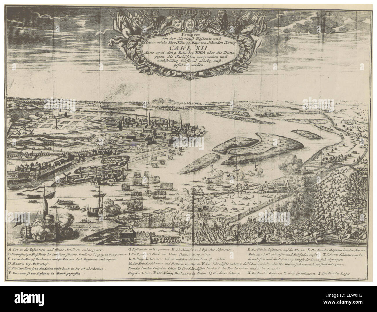 Diese Illustration von Mettig aus dem Jahr 1897 zeigt eine Aussicht auf die Dunaschlacht (1701), die in der Nähe der Tore von Riga ausgetragen wurde. Die Schlacht war ein bedeutender Konflikt zwischen dem Schwedischen Reich und Russland während des Großen Nordkrieges. Stockfoto
