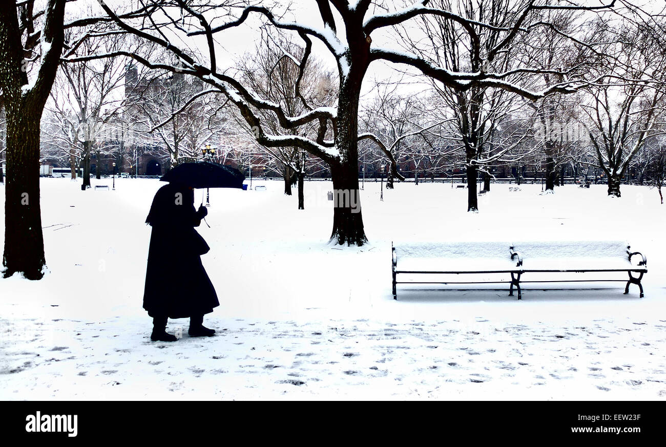 New Haven--eine Frau Spaziergänge durch den leichten Schnee am frühen Nachmittag am Montag Temple Street. Stockfoto