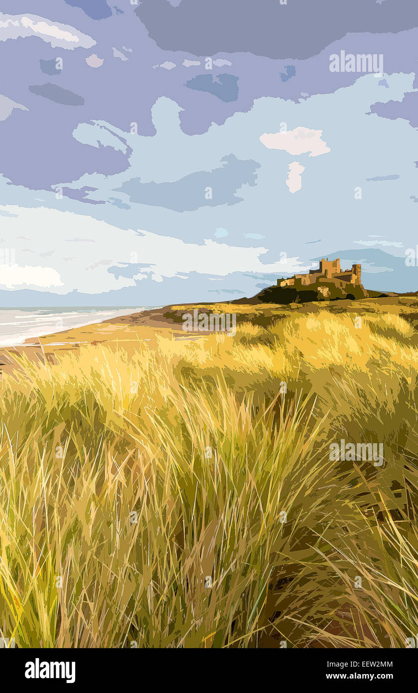 Ein Plakat Stil Außenillustration Bamburgh Castle in Northumberland Küste, England, UK Stockfoto