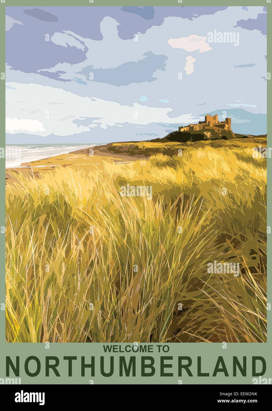 Ein Plakat Stil Außenillustration Bamburgh Castle in Northumberland Küste, England, UK Stockfoto