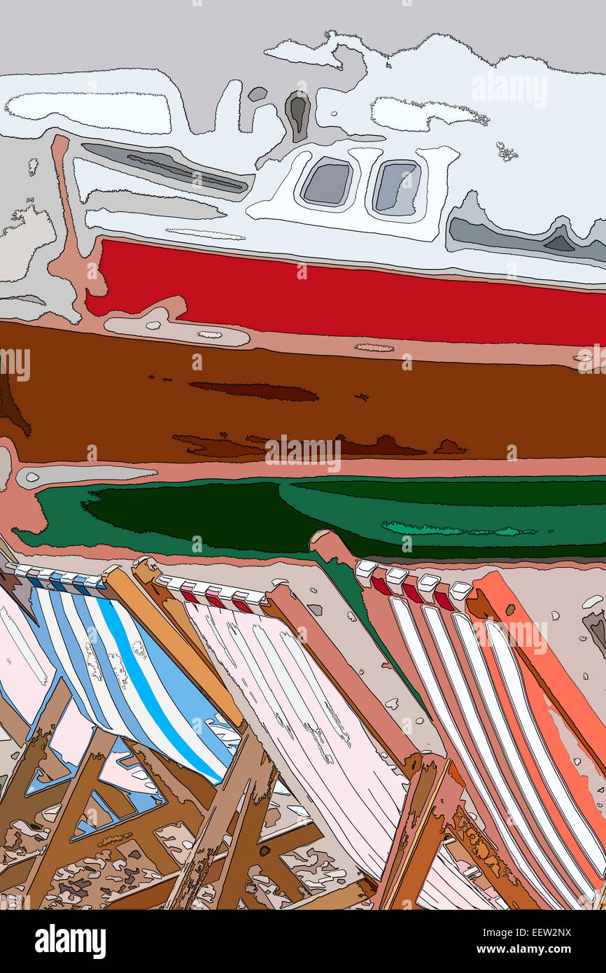 Eine Plakat Stil Abbildung eines Bootes festgemacht an einem Strand mit Liegestühlen, England, UK Stockfoto