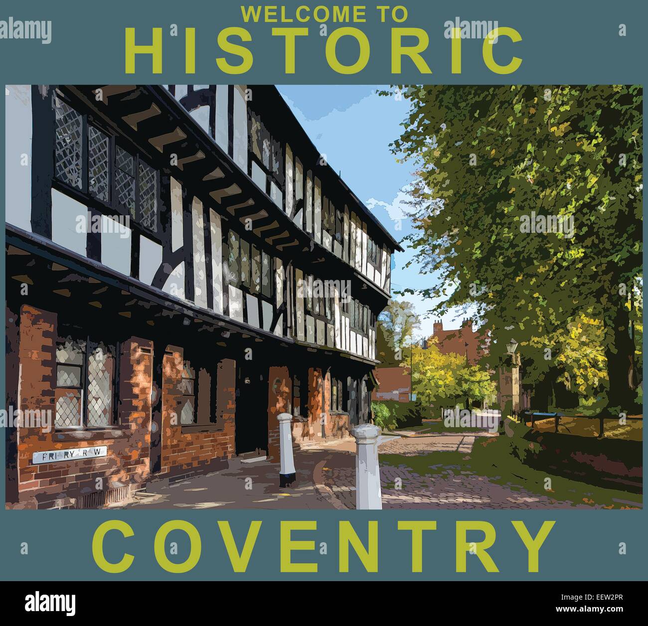 Ein Plakat Stil Darstellung der historischen 14. Jahrhundert Lychgate Cottages in Priorat Zeile, Coventry, Warwickshire, England, UK Stockfoto