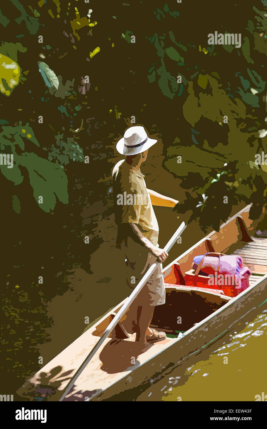 Ein Plakat Stil Abbildung von Menschen genießen täglich Bootsfahrten auf der dem Fluss Cherwell in Oxford, Oxfordshire, England, UK Stockfoto
