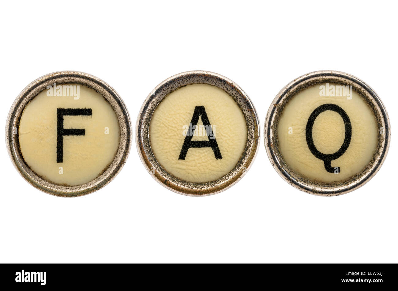 FAQ - häufig gestellte Fragen-Abkürzung in alte Runde Schreibmaschine Schlüssel isoliert auf weiss Stockfoto