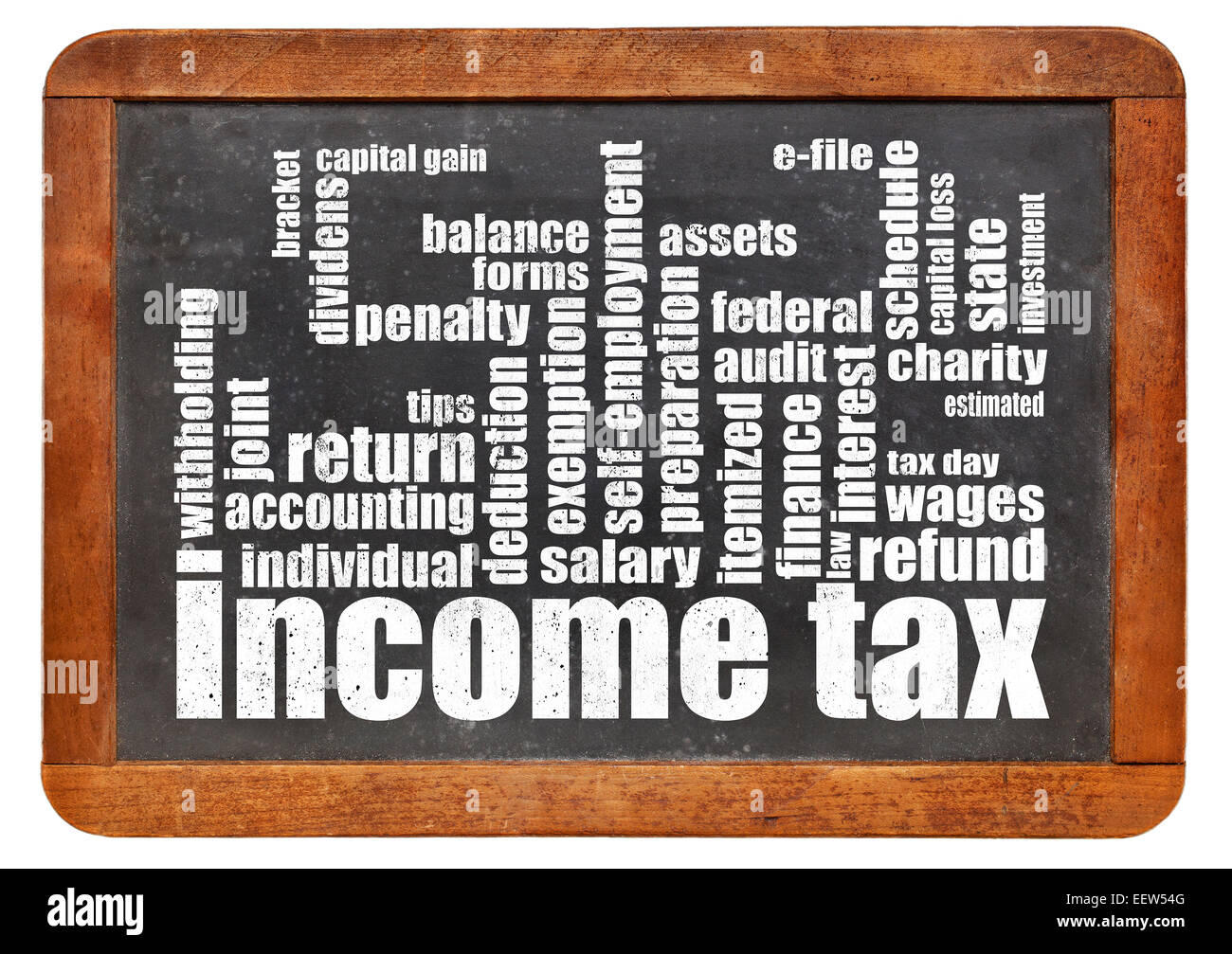Einkommensteuer-Wortwolke auf einer Vintage Schiefer Tafel Stockfoto