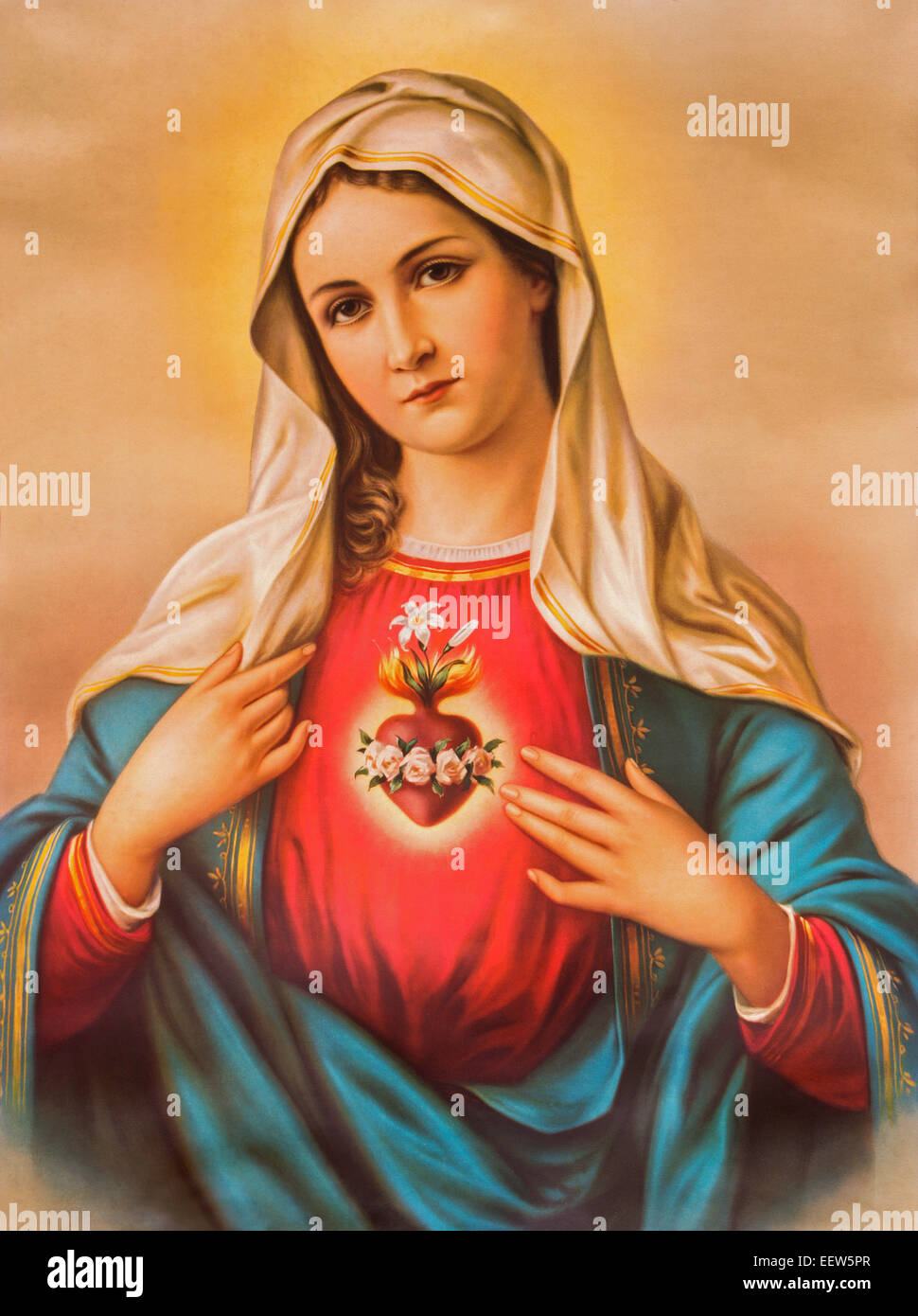 Das Herz der Jungfrau Maria. Typisch katholische Bild gedruckt in Deutschland vom Ende des 19. Jhdt. Stockfoto