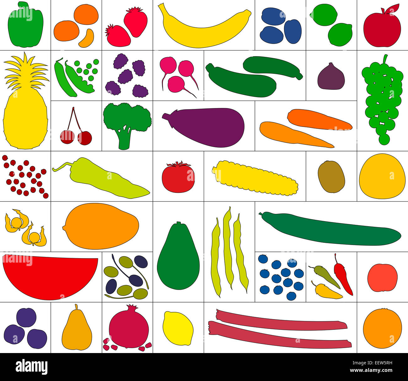 Auswahl an Obst und Gemüse, jeweils in eine eigene rechteckige Box. Stockfoto