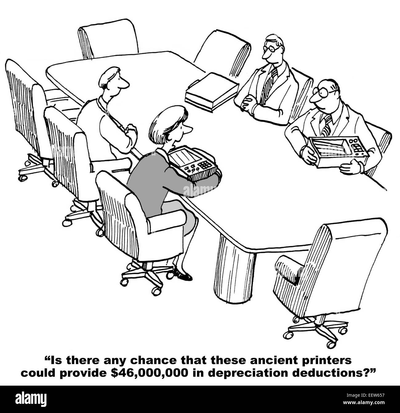 Cartoon von Geschäftsleuten im Tagungsraum gefragt, ob sie $ 46 Millionen in Abschreibungen Abzüge für ihre Drucker bekommen können. Stockfoto