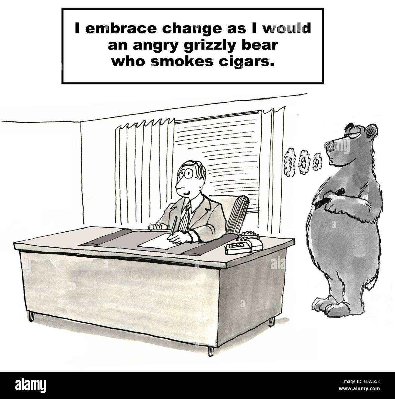 Karikatur von Geschäftsmann, der Veränderung umarmt, als würde er einen wütenden Grizzly, Zigarren, raucht, obwohl es in Wirklichkeit ist. Stockfoto