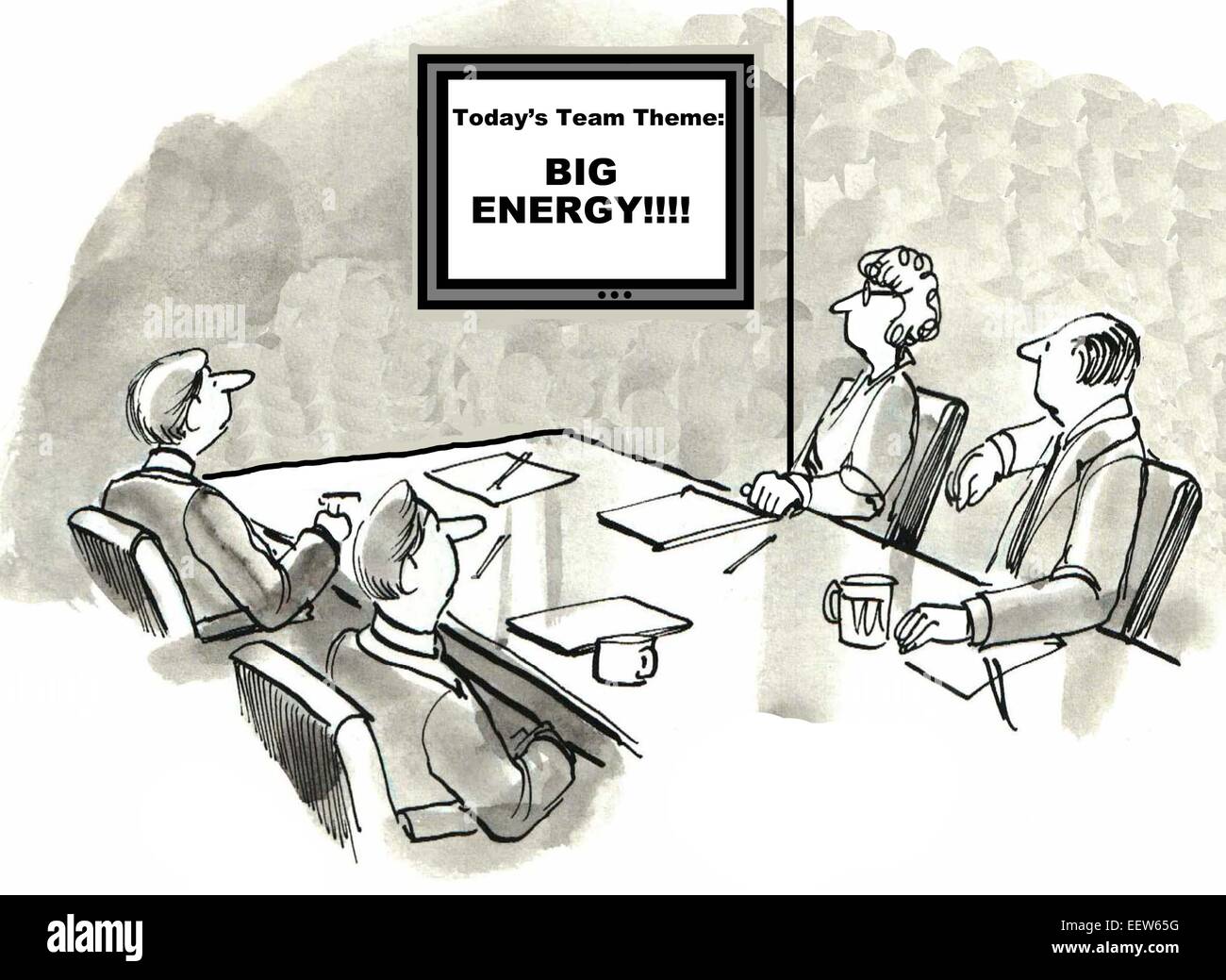 Cartoon von Geschäftsleuten in einer Besprechung mit heute ist das Thema der großen Energie. Stockfoto