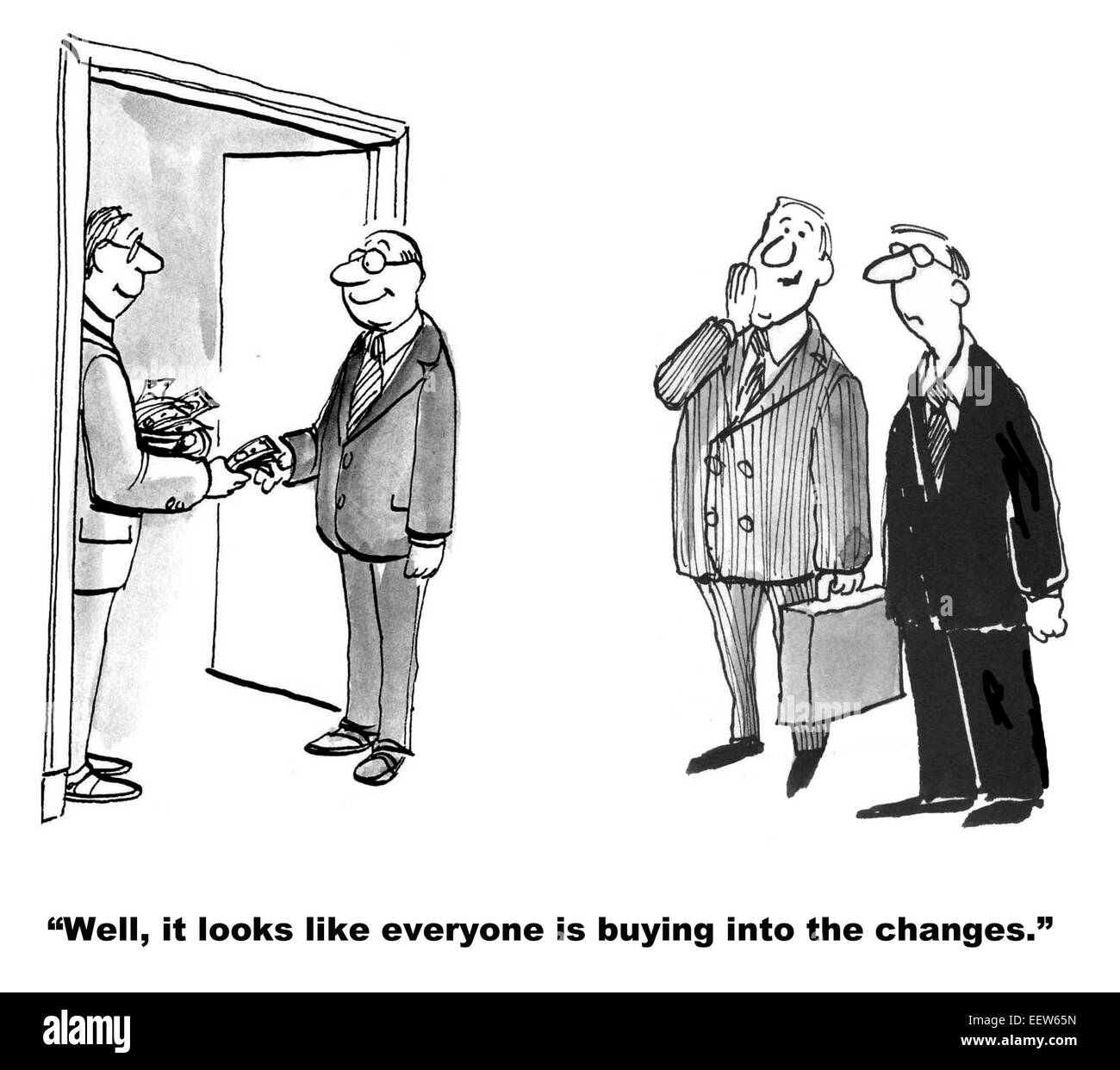 Karikatur von Unternehmen buchstäblich zahlen Geld für Manager zu ändern. Stockfoto