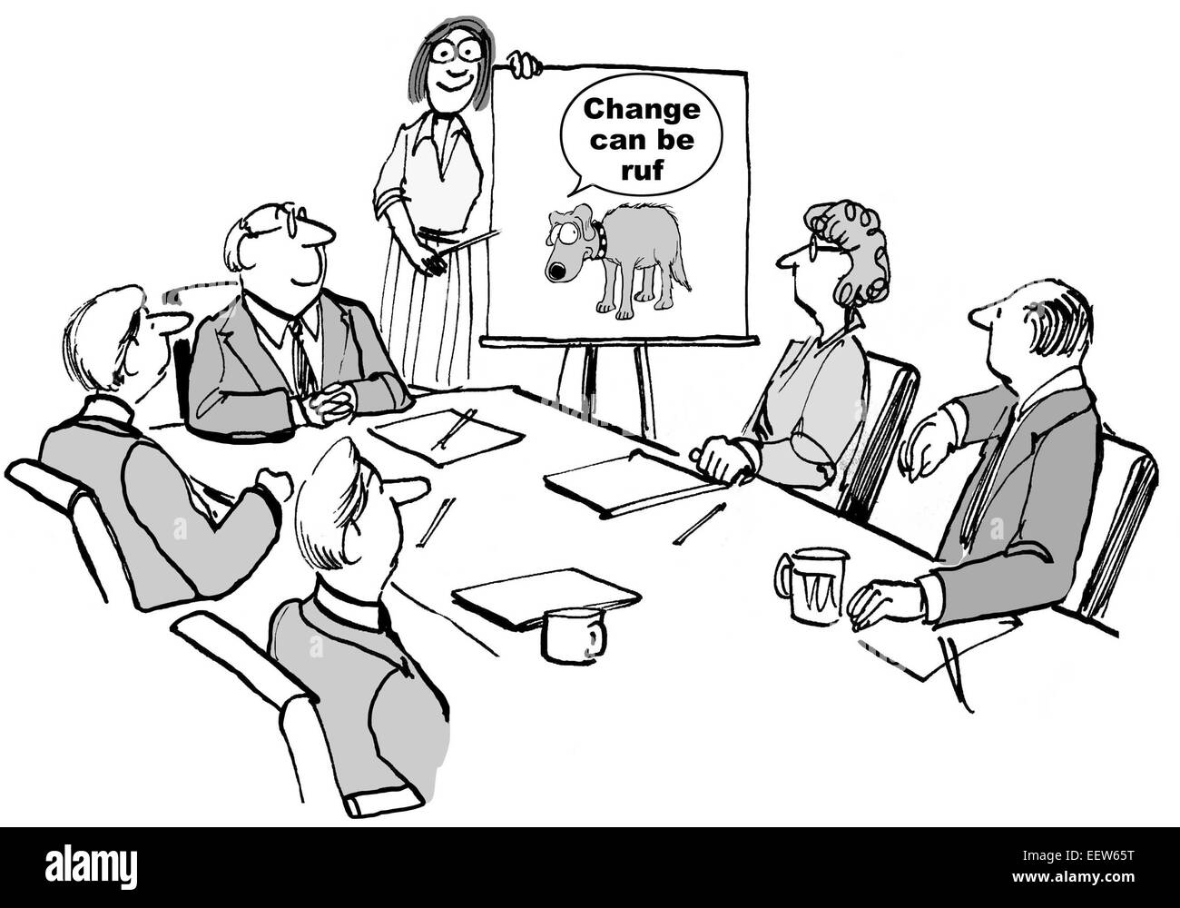 Karikatur von einer Geschäftsfrau führt ein Seminar und teilen diese Änderung kann "Ruf" (Rough). Stockfoto