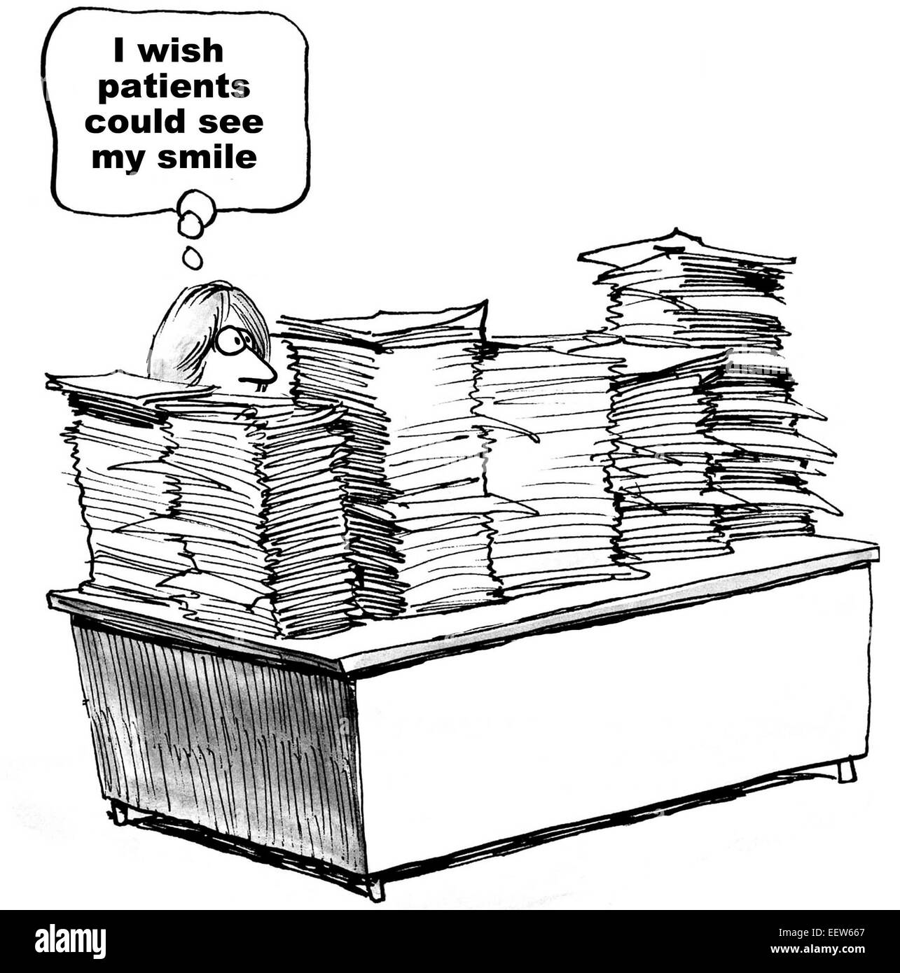 Karikatur von Arzthelferin und Schreibtisch gestapelt extrem hoch mit Papierkram denken sie wünscht sich, dass die Patienten ihr Lächeln sehen konnte Stockfoto