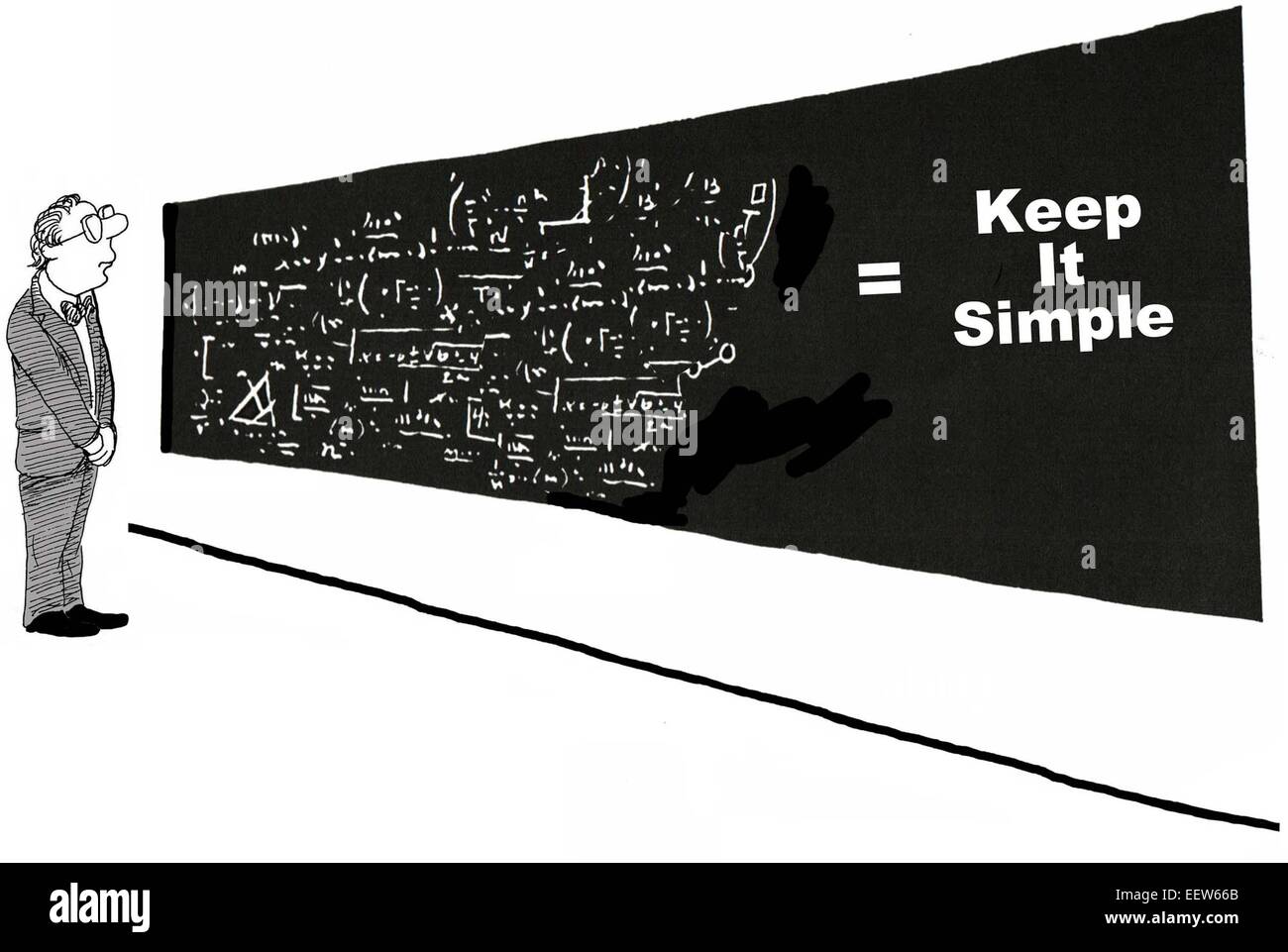 Karikatur von Geschäftsmann Blick auf eine weiße Tafel von komplexen Gleichungen und die Summierung, keep it simple. Stockfoto