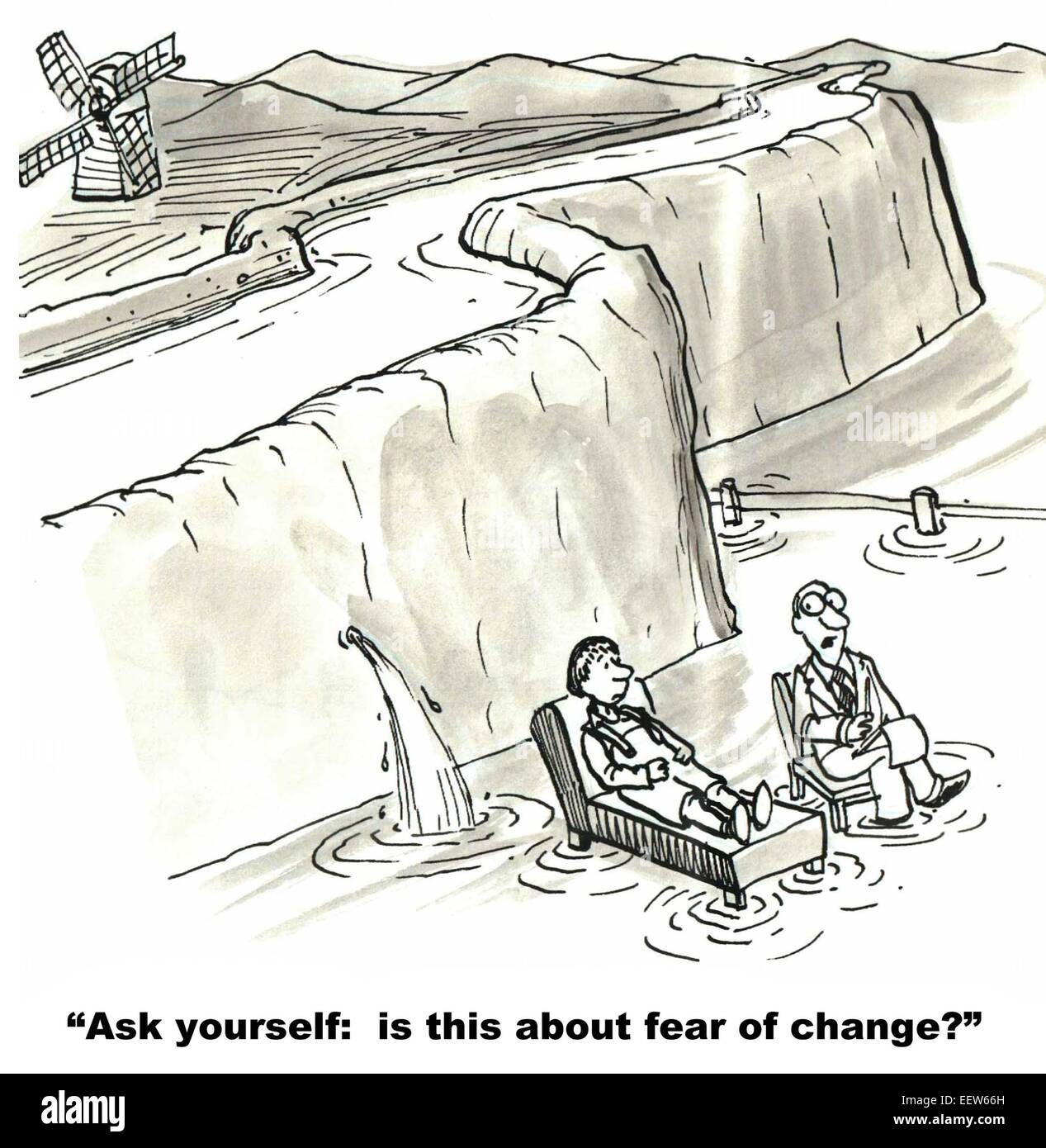 Karikatur von Dutch Boy mit Therapeutin und Therapeut bittet, es geht um Angst vor Veränderung. Stockfoto