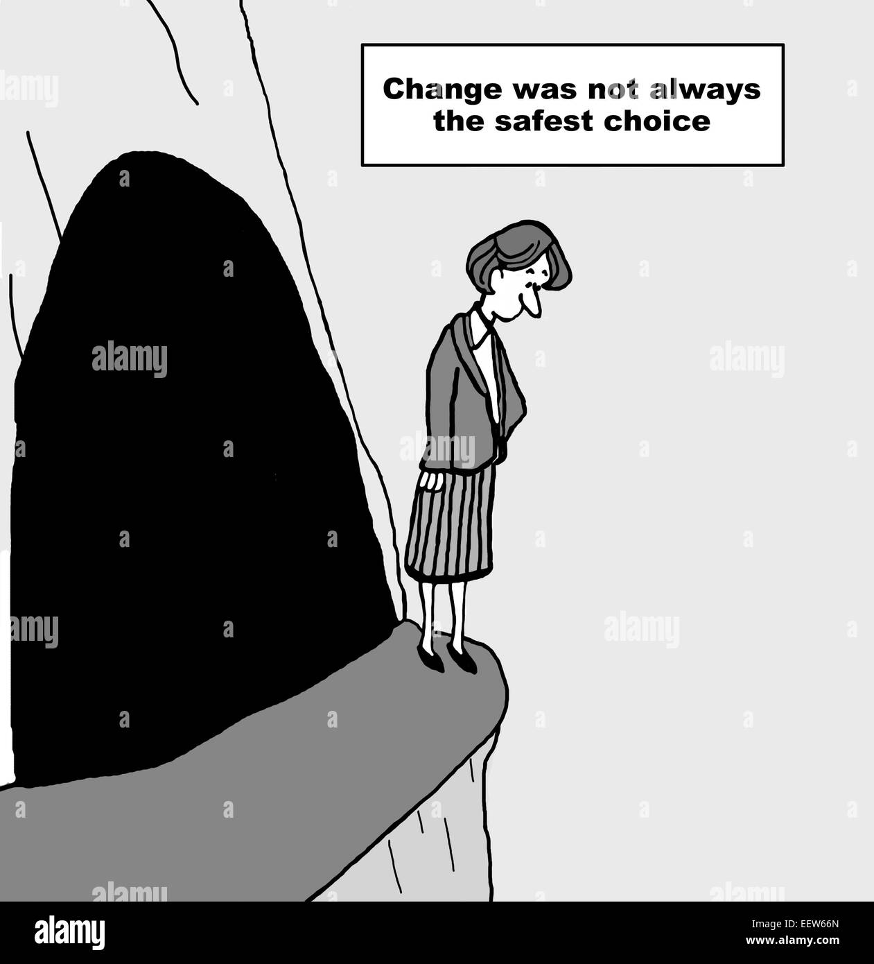 Karikatur von Geschäftsfrau auf Felsvorsprung mit Schild: Änderung war nicht immer die sicherste Wahl. Stockfoto