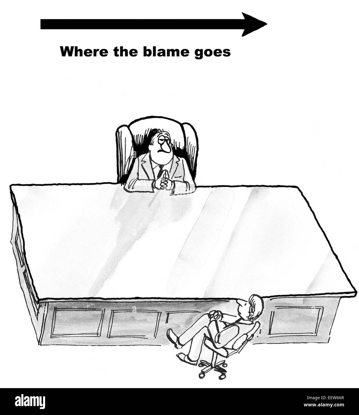 Karikatur von Geschäftsmann am großen Schreibtisch mit Schild mit der Aufschrift, dass er keine Schuld akzeptiert. Stockfoto