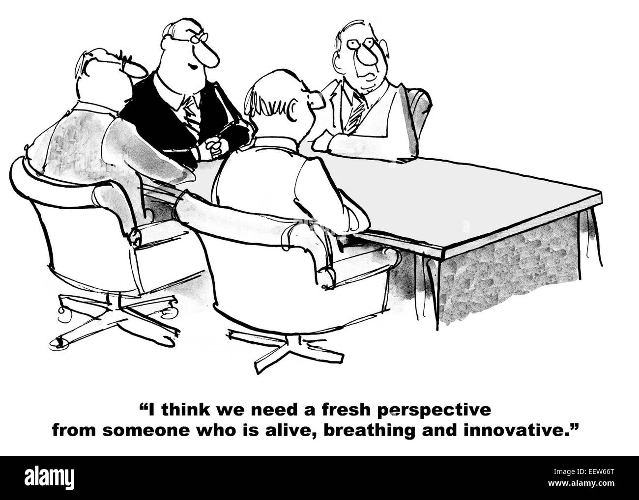 Cartoon von Geschäftstreffen und die Geschäftsleute wollen ein neues Teammitglied, jemand, der lebt, atmet und innovativ ist. Stockfoto