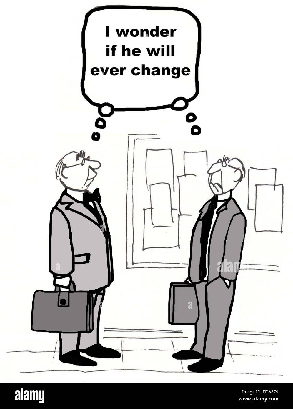 Cartoon von zwei Geschäftsleute beide gefragt, ob der andere ein jemals ändern wird. Stockfoto