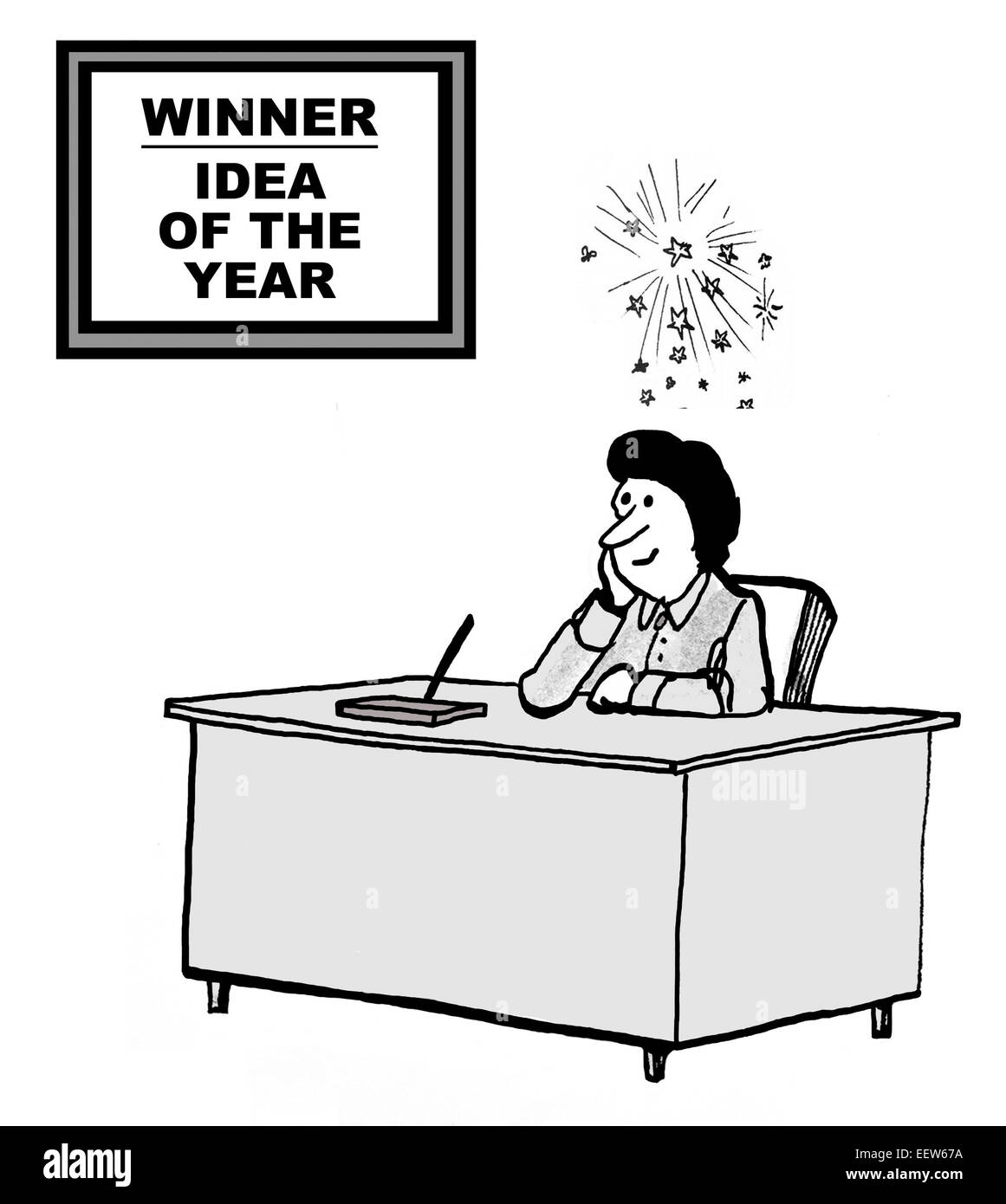 Karikatur von Geschäftsfrau auf ihrem Schreibtisch und das Zeichen sagt, daß sie Gewinner der Idee des Jahres ausgezeichnet. Stockfoto