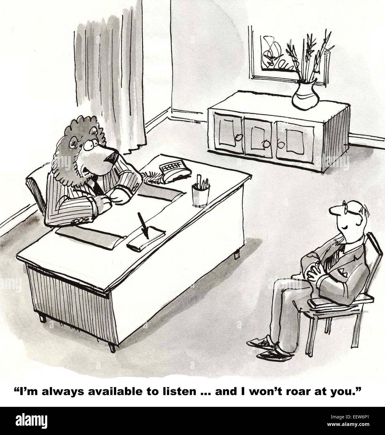 Karikatur von Geschäftsmann mit Löwe-Führer sprechen, sagt, er ist immer zur Verfügung zu hören, und wird nicht brüllen. Stockfoto