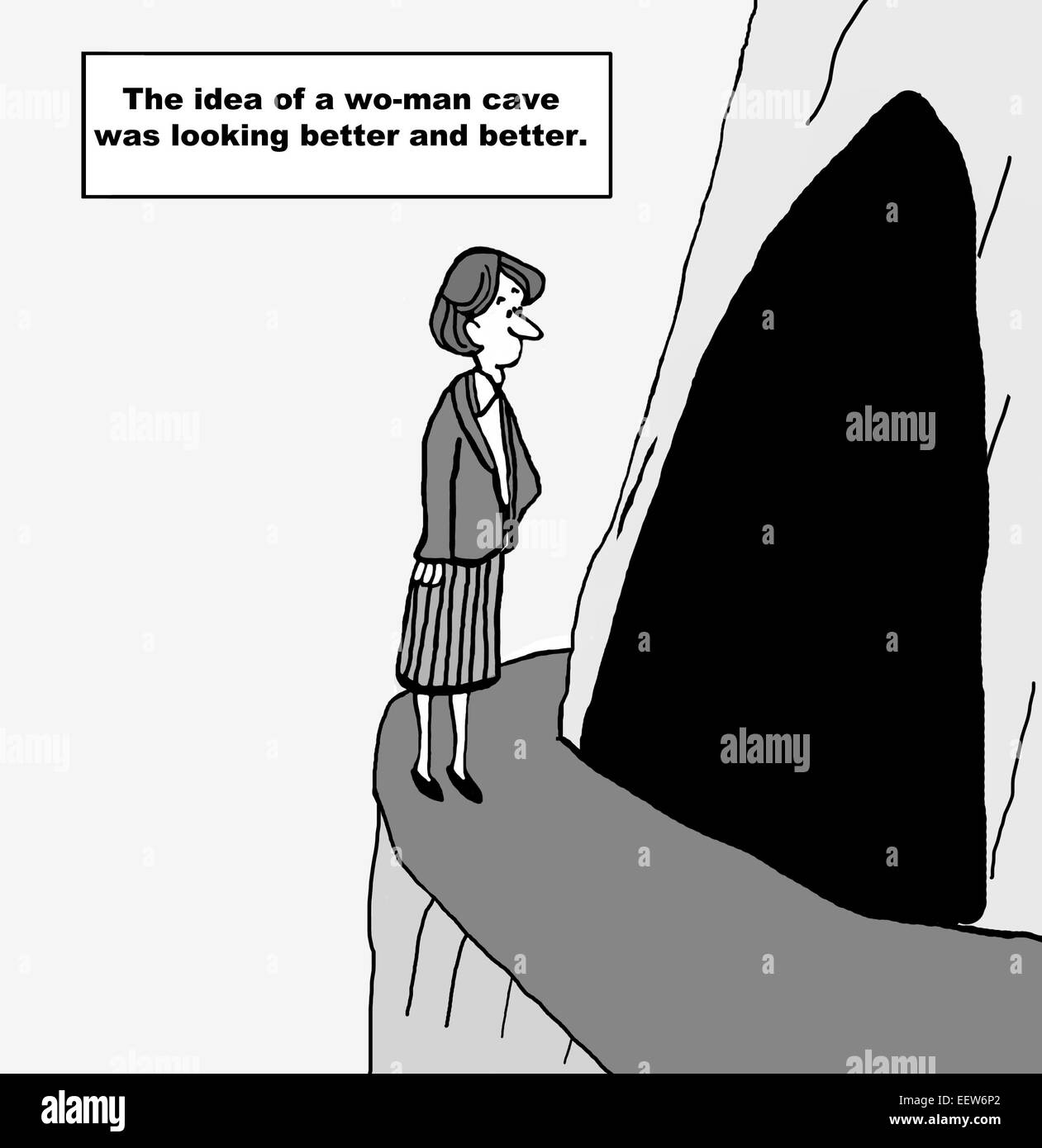 Karikatur von einer Frau in einer Höhle suchen und dachte die Idee einer Frau Höhle ist suchen Sie besser und besser. Stockfoto
