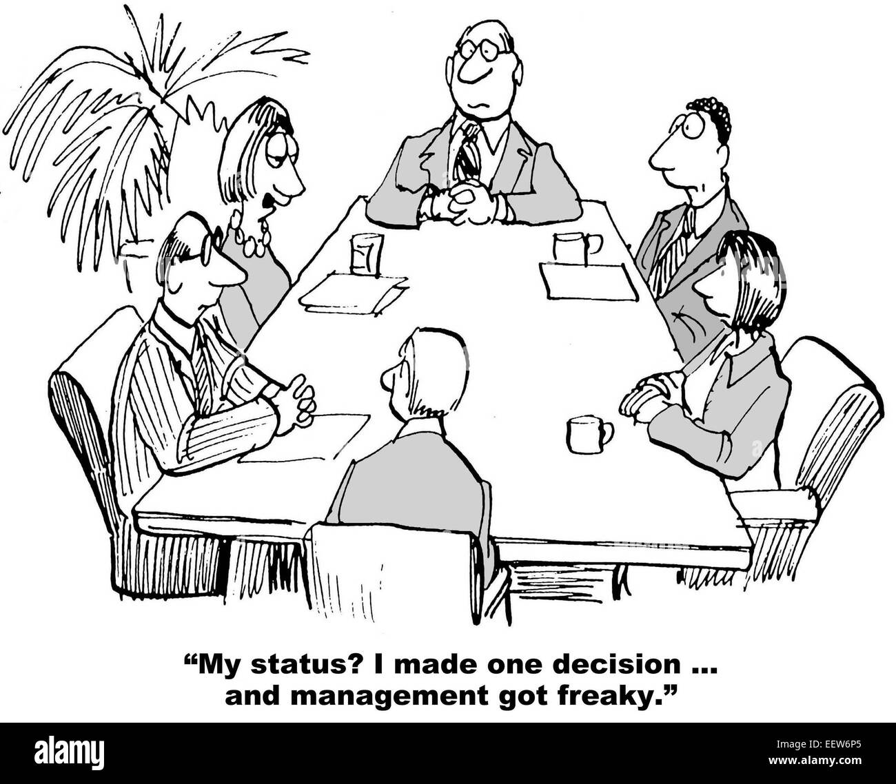 Cartoon von Geschäftsleuten, die geben ihre wöchentlichen Berichten - sie machte eine Entscheidung und Management habe freaky. Stockfoto